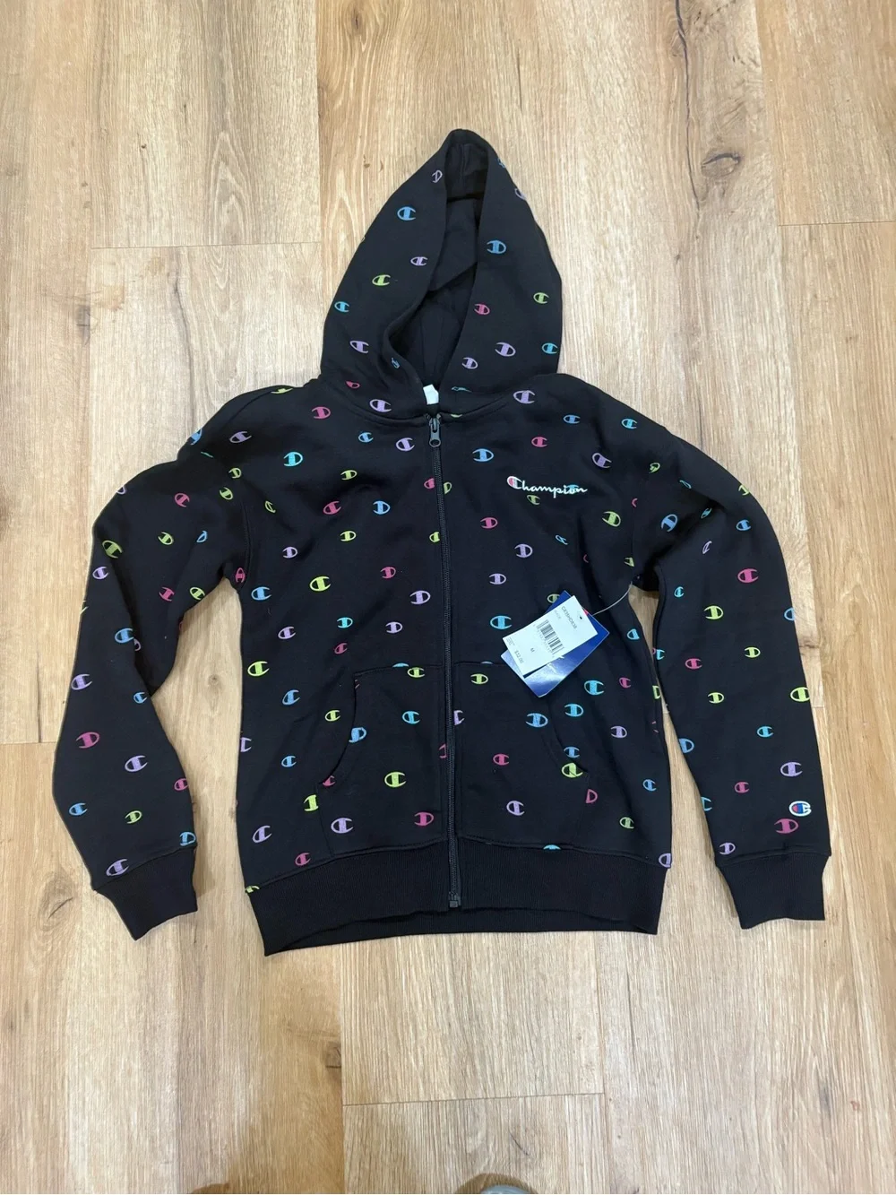Champion girl Black Hoodie with Multicolor Logo Print comfy back to school